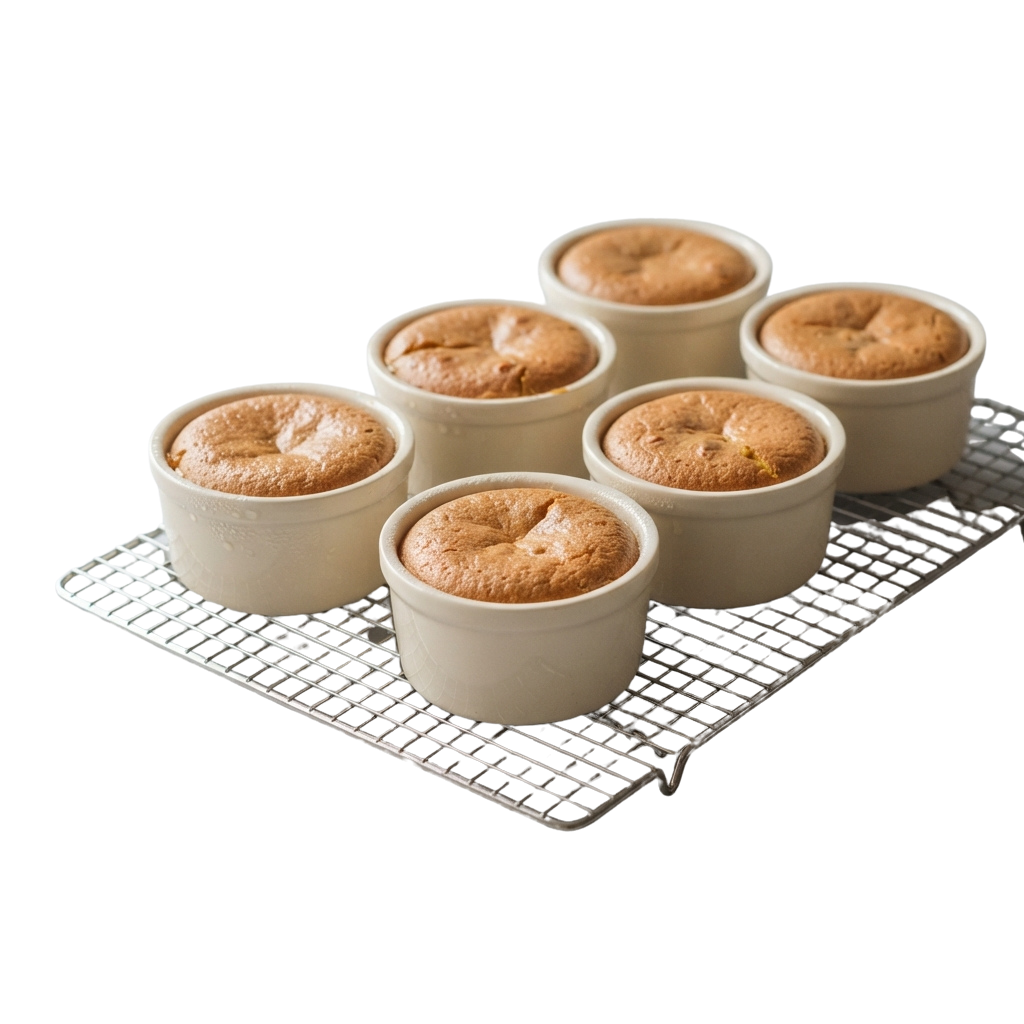 Six white ramekins with golden-brown souffles on a metal cooling rack