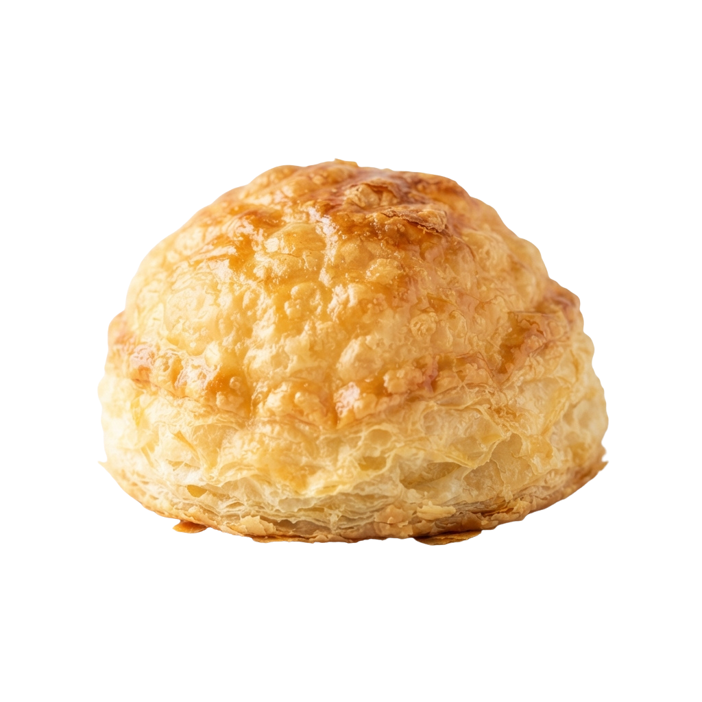 A single golden-brown flaky pastry on a black background