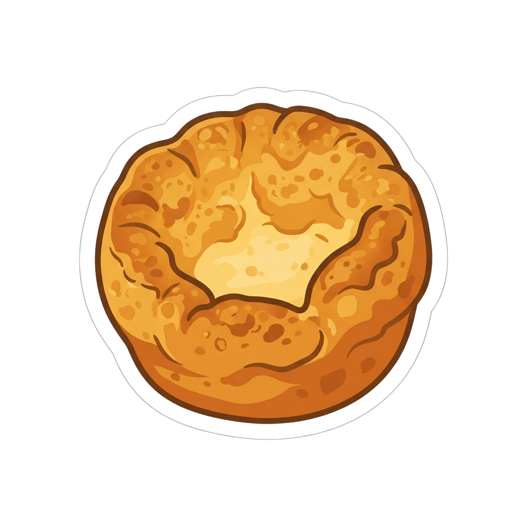 A cartoon-style illustration of a golden-brown baked pie