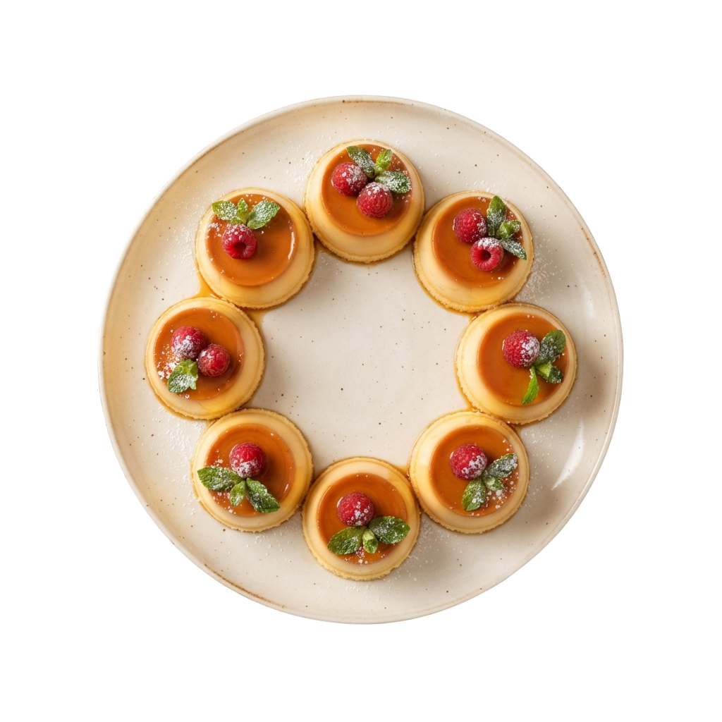 A plate of eight small caramel tarts topped with raspberries and mint leaves