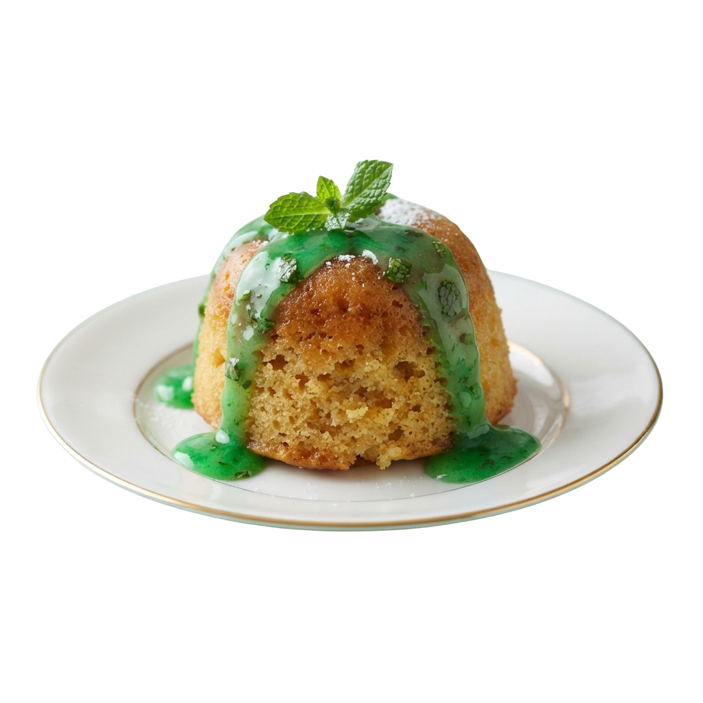 A dessert on a white plate with green sauce and mint