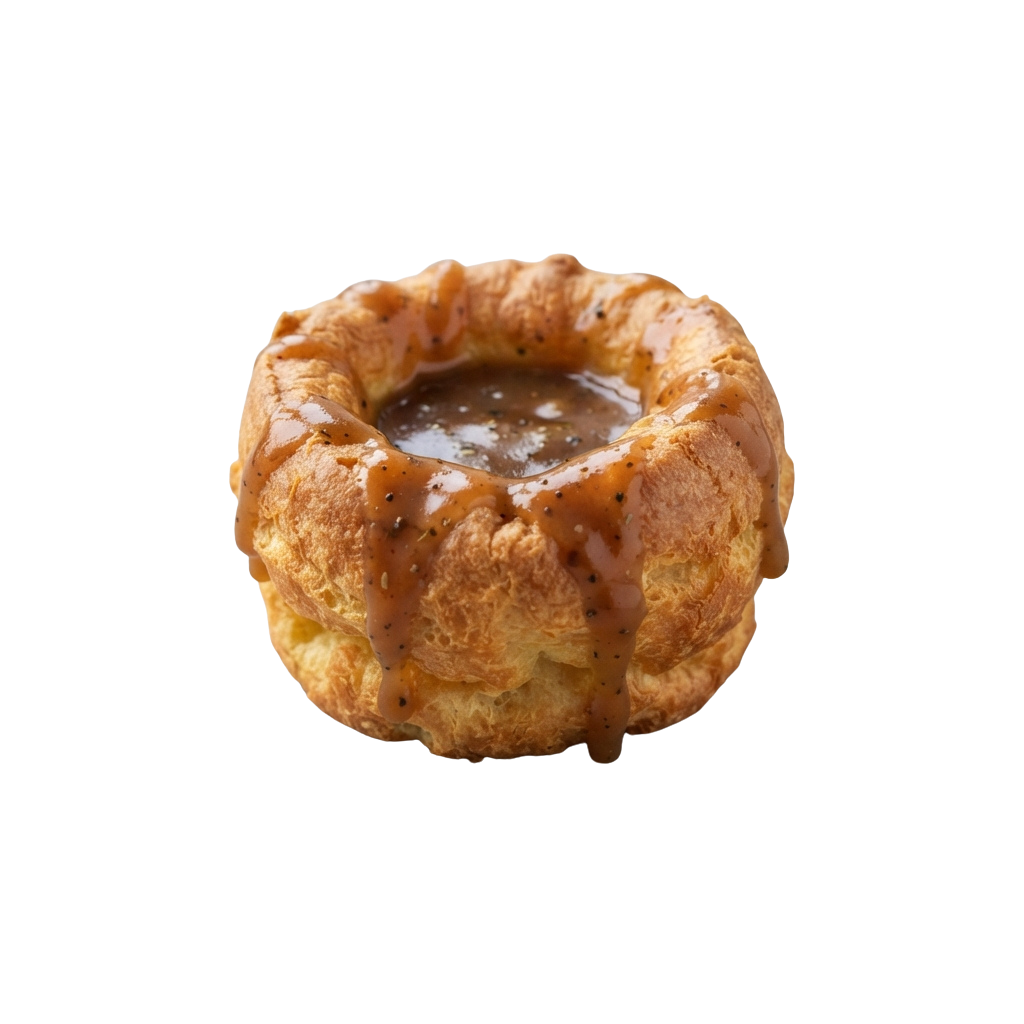 A golden-brown pastry filled with brown gravy