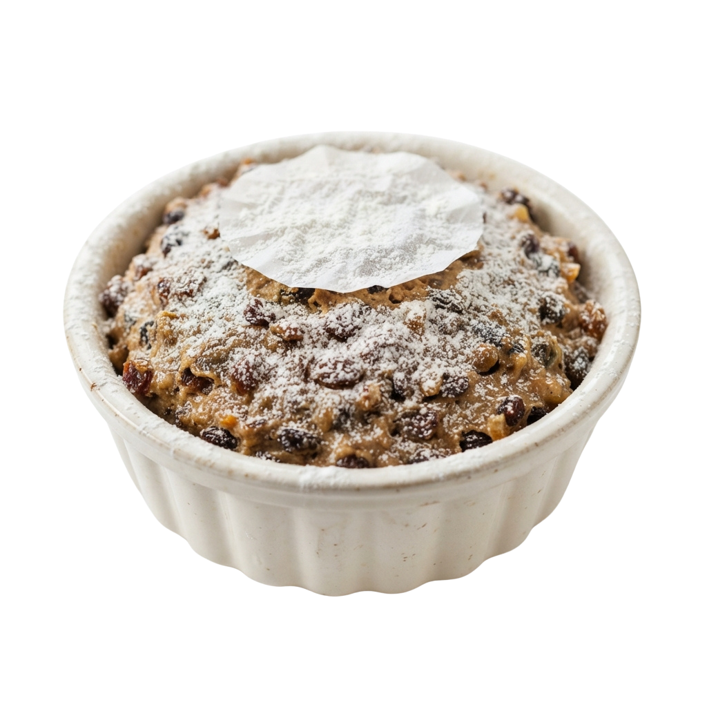 A white ramekin filled with a sweet dessert topped with powdered sugar