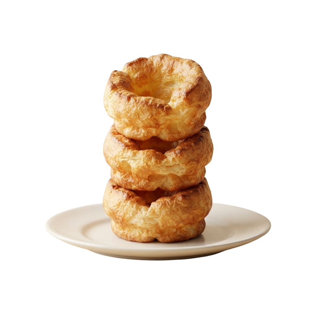 A stack of three golden brown Yorkshire puddings on a white plate