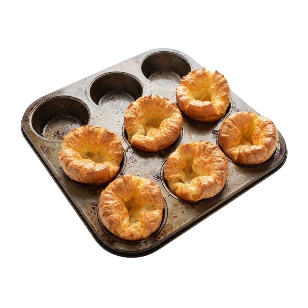 Golden brown Yorkshire puddings in a metal baking tin