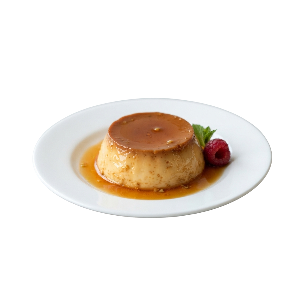 a creamy caramel flan on a white plate with caramel sauce and raspberries