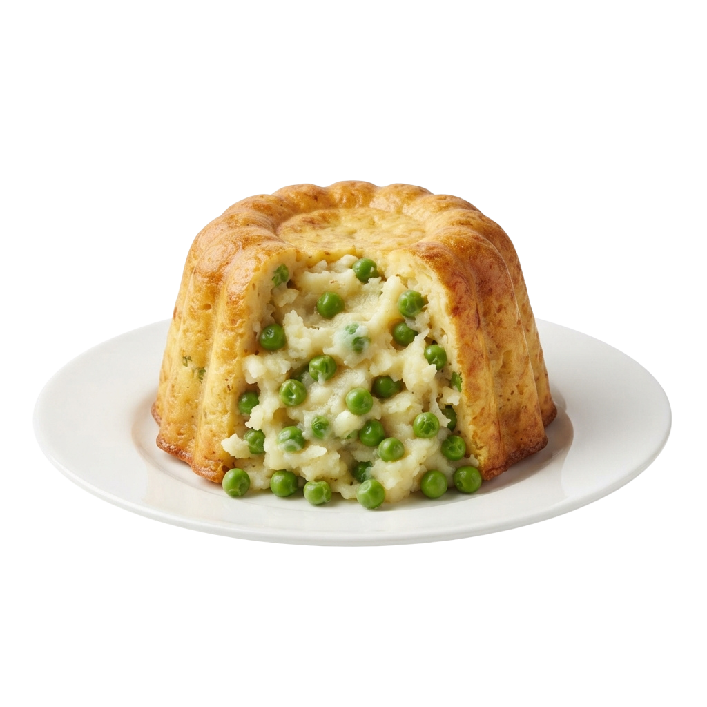 A savory pie with a golden crust cut open to reveal a filling of peas and rice on a white plate