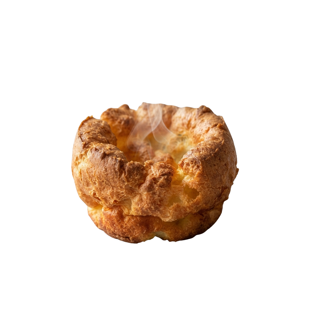 A single golden brown Yorkshire pudding on a black background