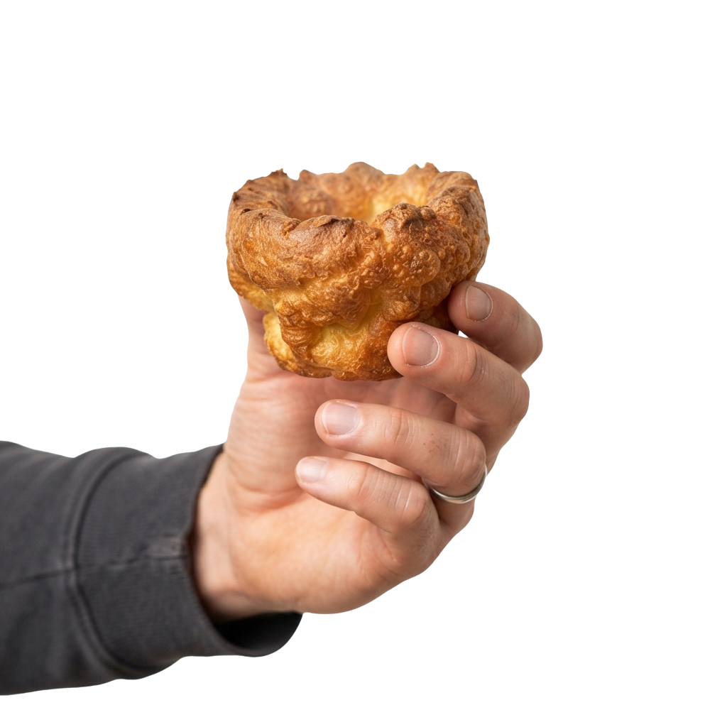 A hand holding a golden-brown savory pastry