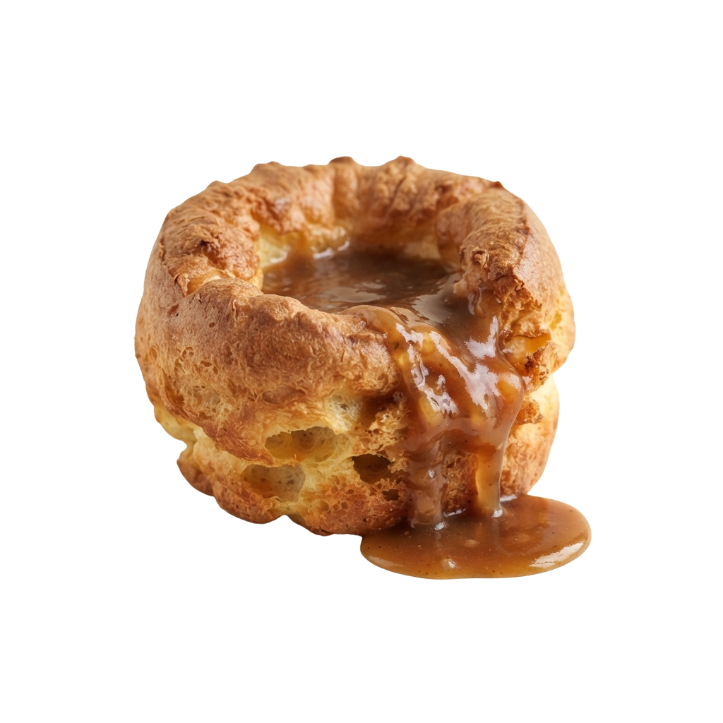 A golden-brown savory pie with gravy oozing out