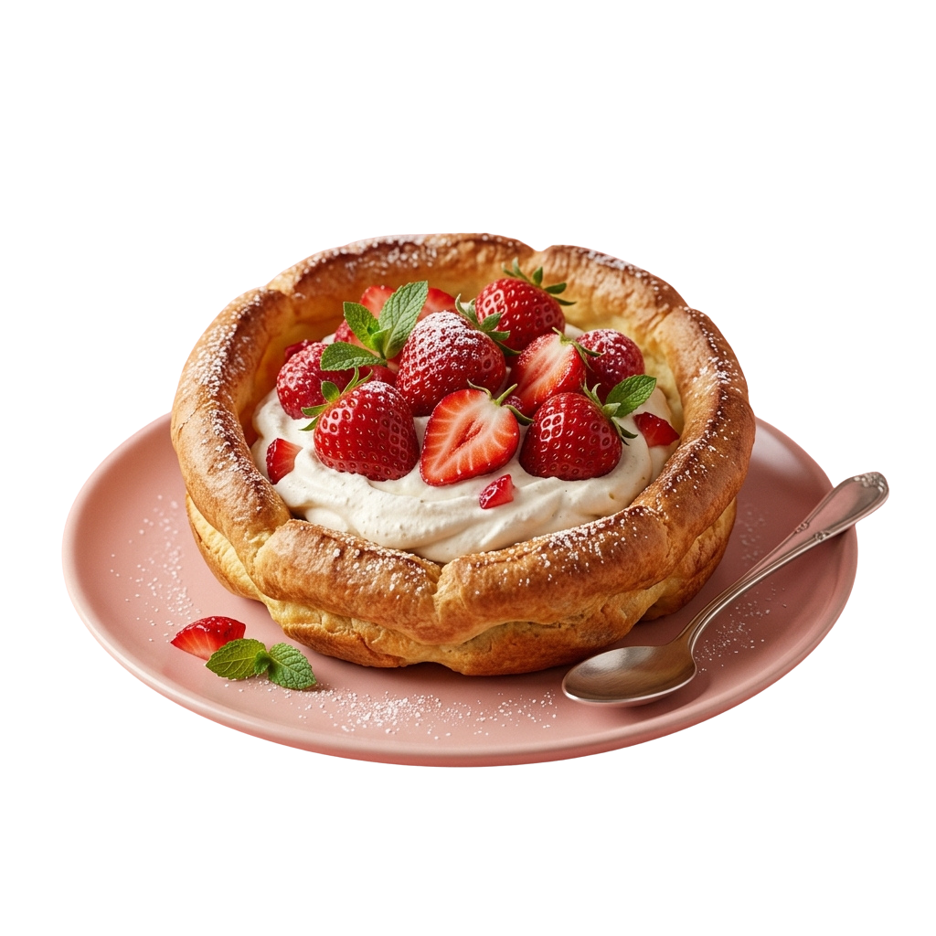 A pastry dessert topped with strawberries and cream on a pink plate