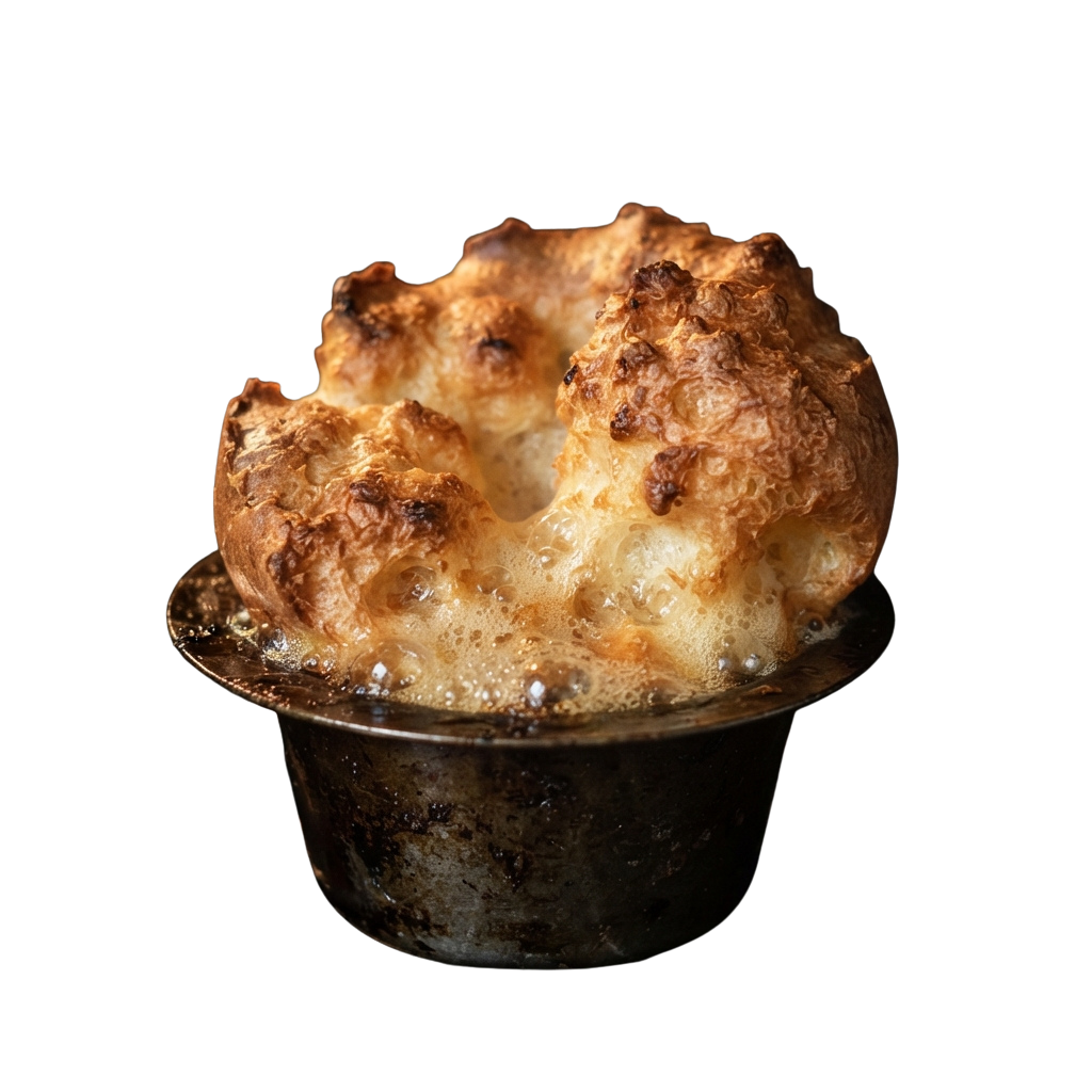 A golden brown popover in a dark baking dish on a black background