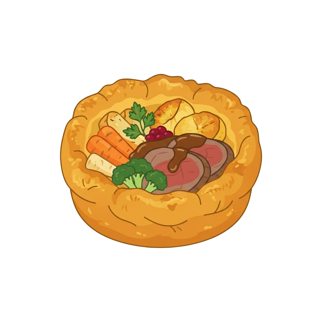 An illustration of a hot meal with meat, carrots, broccoli and potatoes