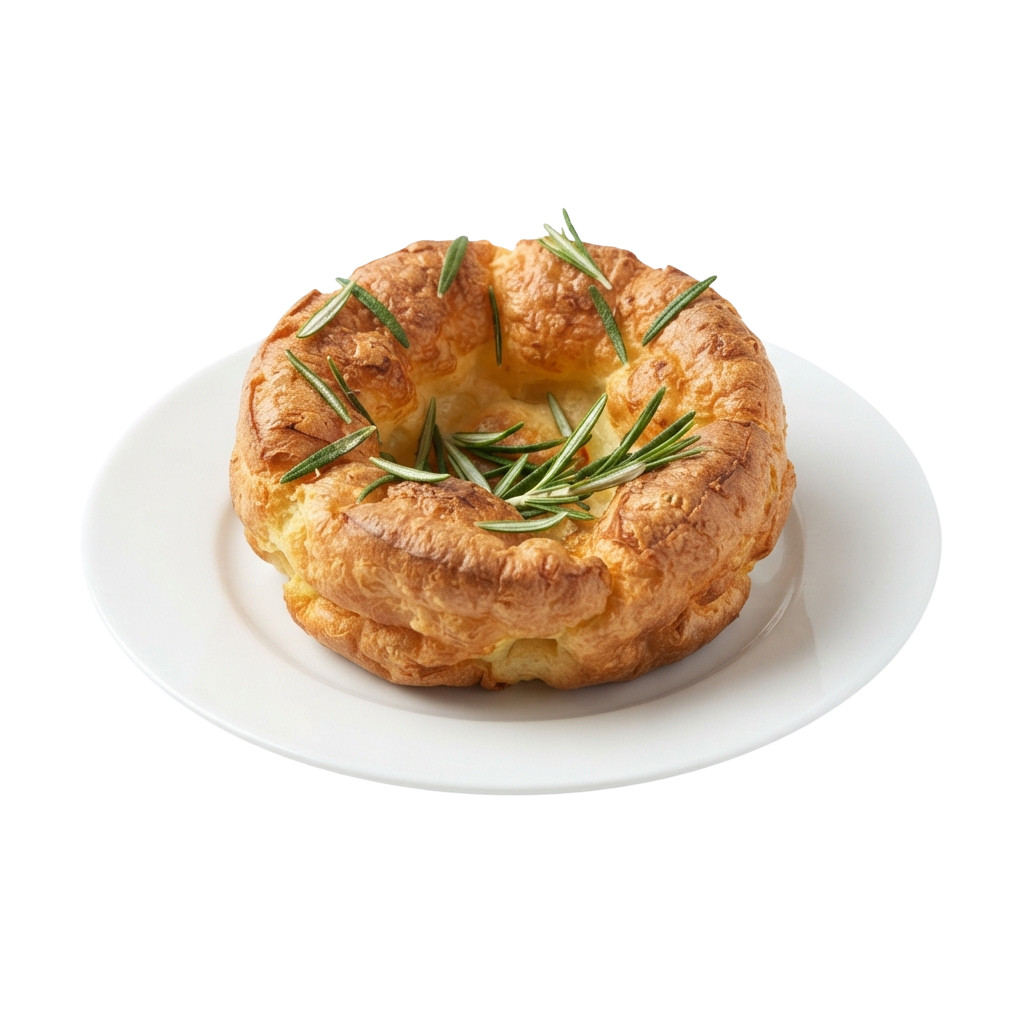 Golden brown savory pastry topped with rosemary on a white plate