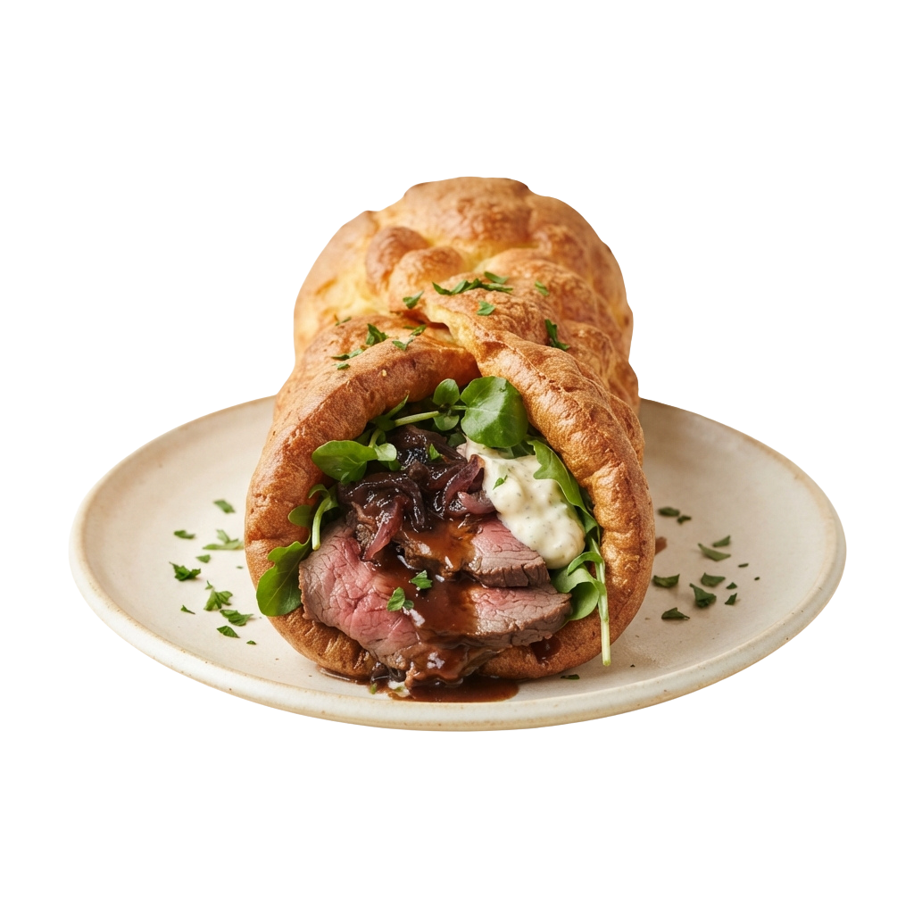 A sliced beef wellington on a white plate with green herbs