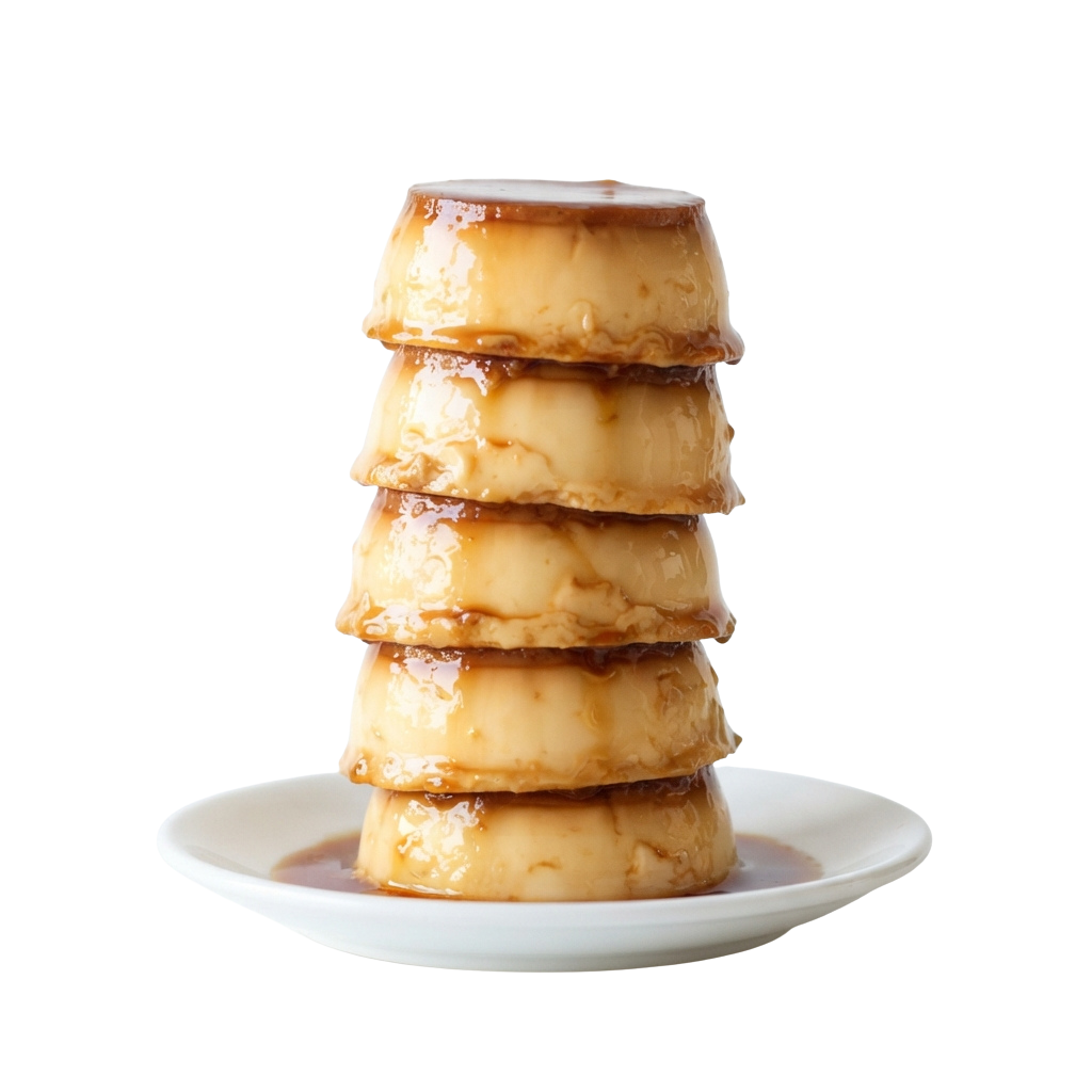 A stack of caramelized desserts on a white plate