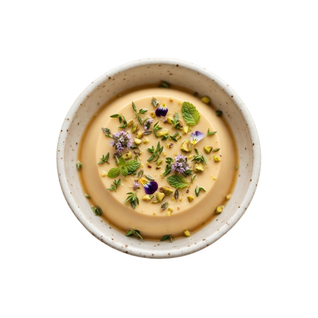 A bowl of creamy soup garnished with edible flowers and herbs