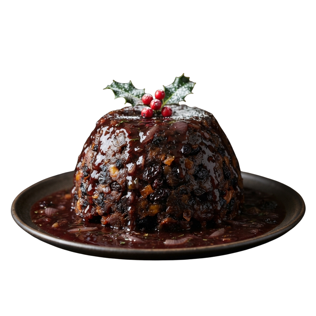 A Christmas pudding topped with holly on a plate