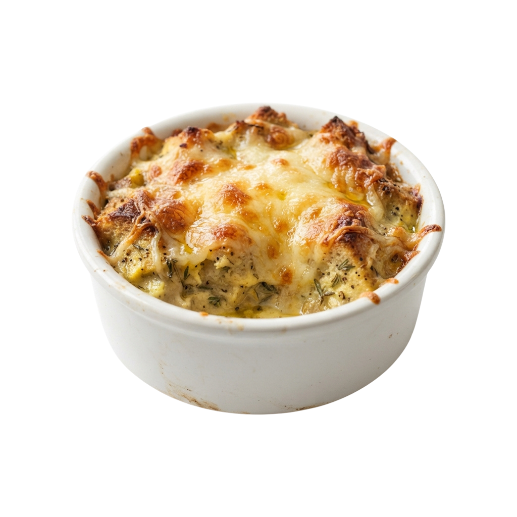 A white ceramic dish filled with a golden-brown cheesy casserole