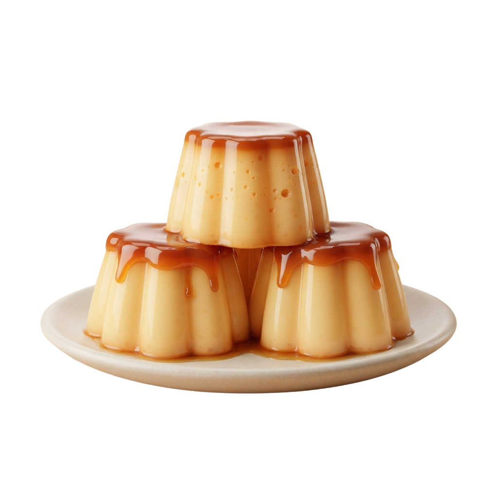 Three creamy desserts stacked on a plate with caramel sauce