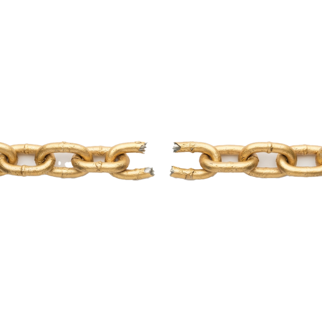 Two close-up views of gold-tone chain links showing intact and broken links side by side