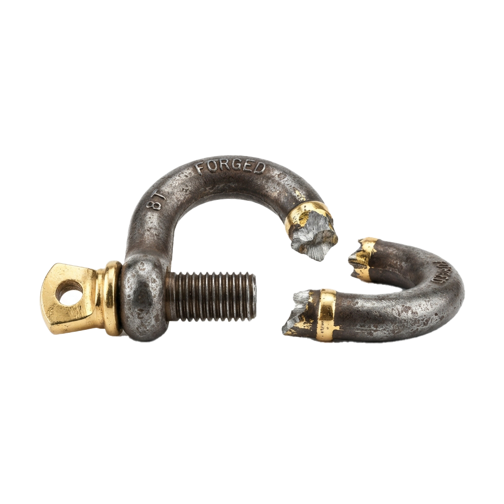 A forged shackle bolt with brass pins and threaded end against a black background