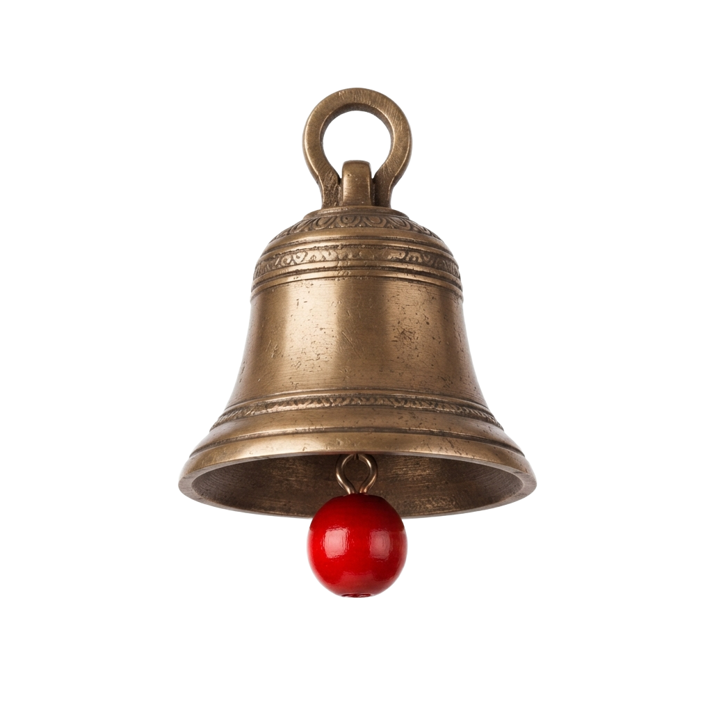 A bronze-colored metal bell with intricate designs and a red spherical clapper inside