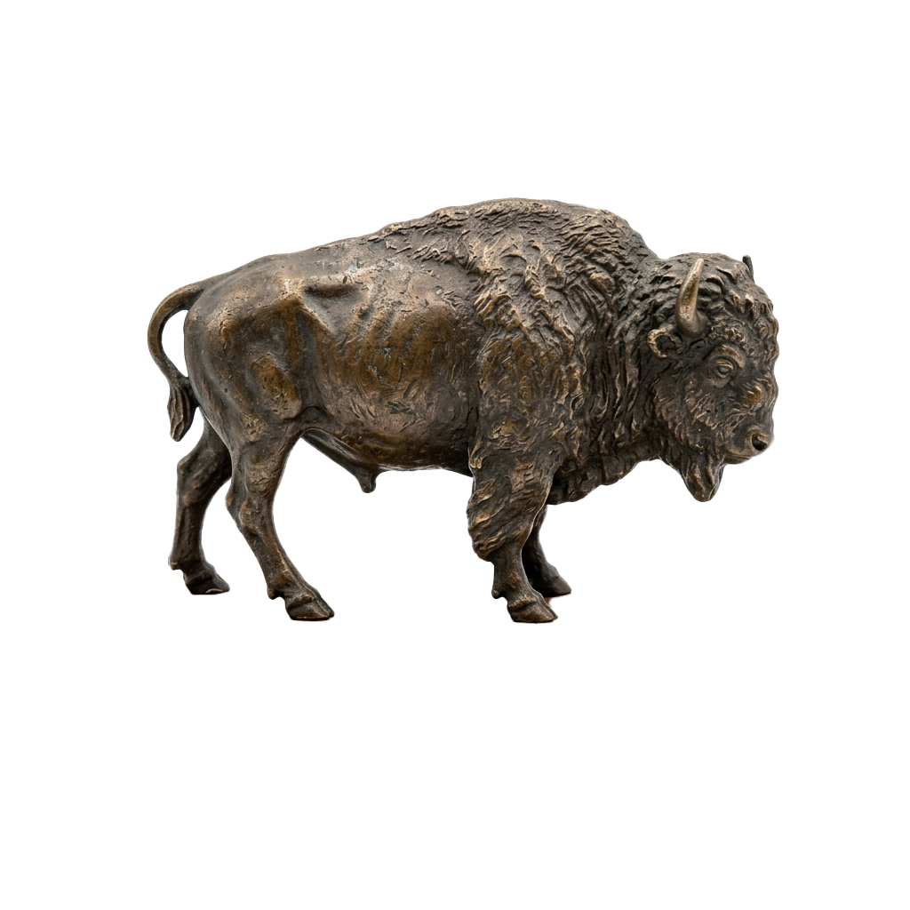 A detailed bronze sculpture of a bison standing on a black background