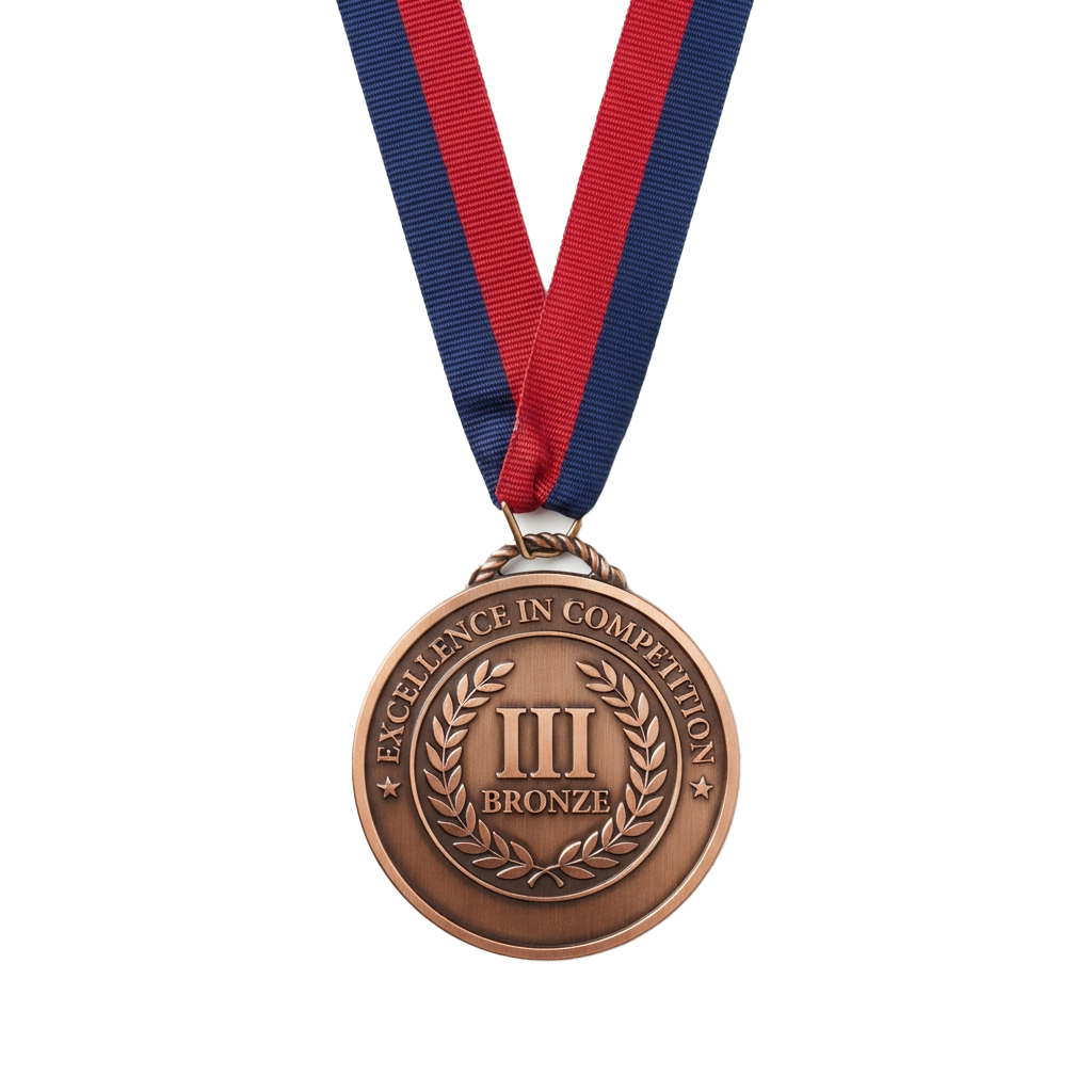 Bronze medal with III and laurel design on ribbon, labeled Excellence in Competition