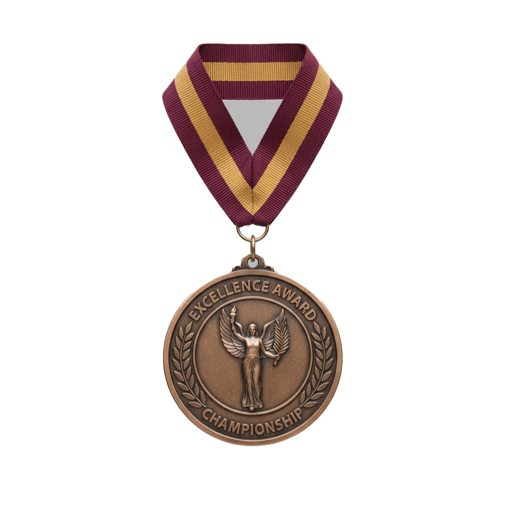 Bronze medal with wings figure and text Excellence Award Championship on a maroon and gold ribbon