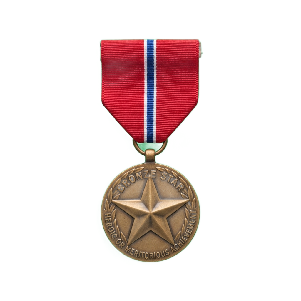 Bronze Star Medal with red, white, and blue ribbon displayed on black background