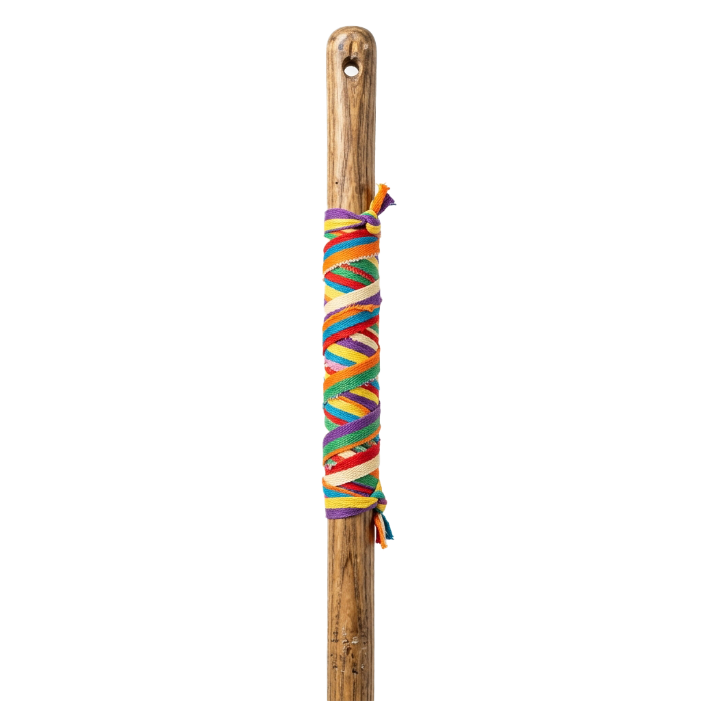 A wooden stick wrapped with multicolored braided ribbons near the top