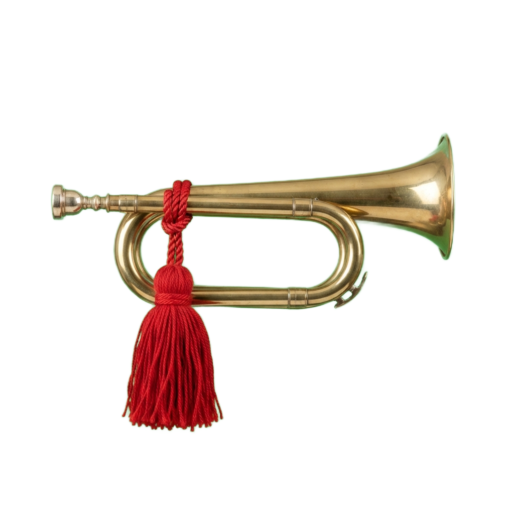 A brass bugle with a golden finish and a red tassel attached to the first valve loop