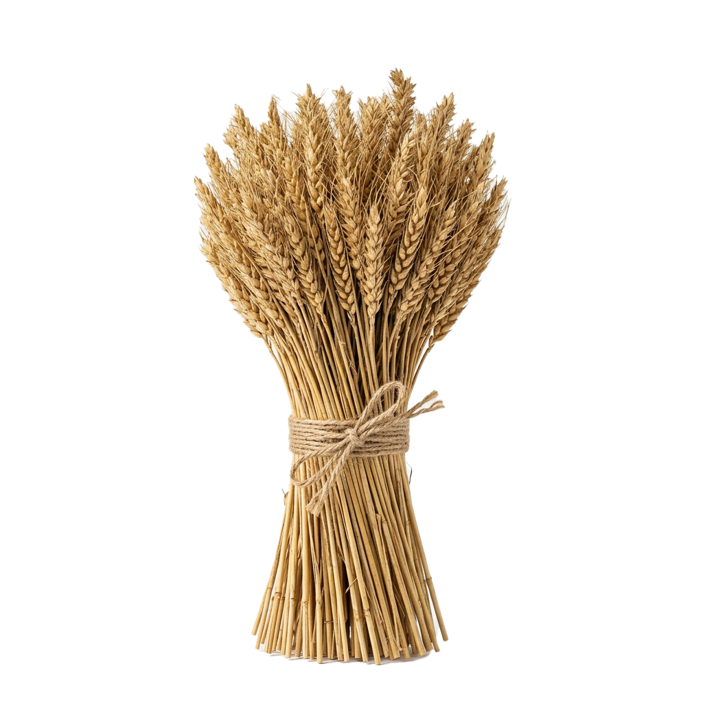A bundle of dried wheat stalks tied together with natural twine against a black background