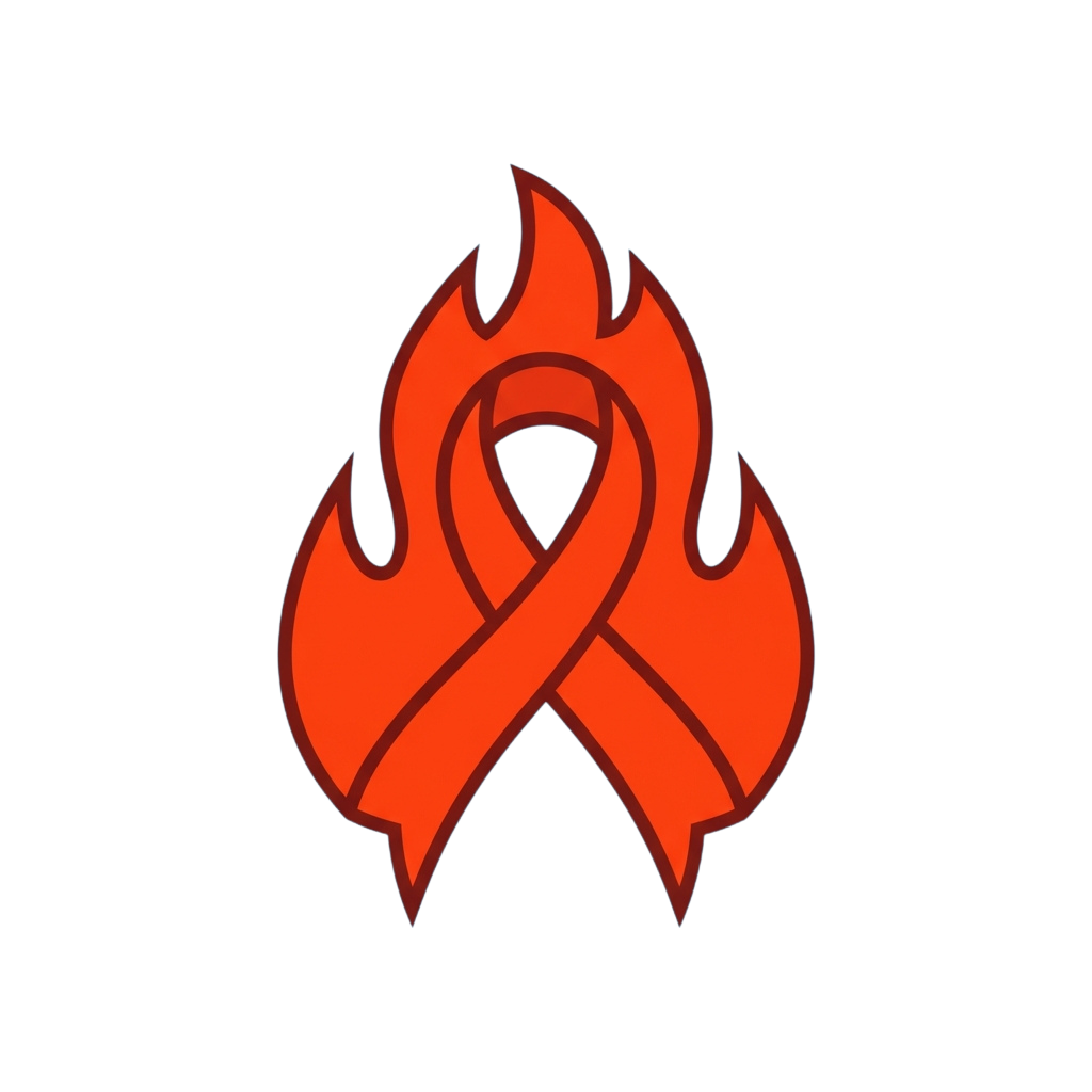 A red ribbon shaped like flames against a black background