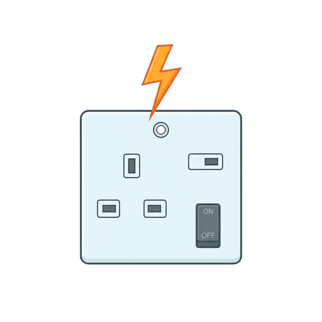 A white electrical outlet with two slots, a USB port, and an on-off switch, highlighted by a lightning bolt icon