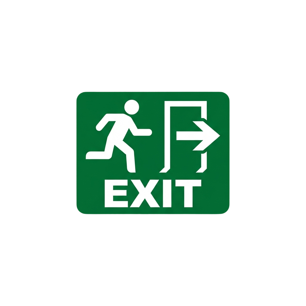 Green emergency exit sign showing a running person and an exit arrow pointing right with the word exit below