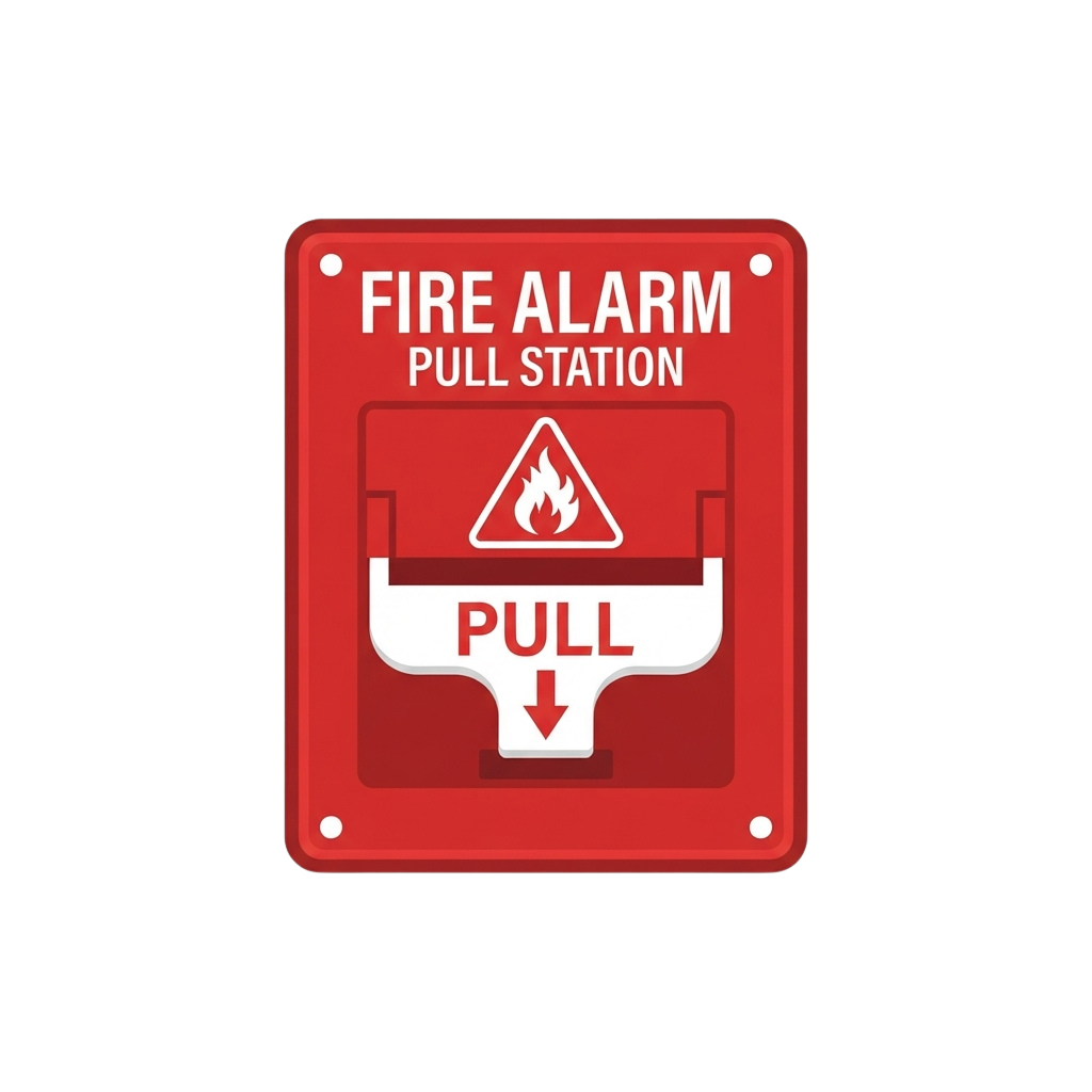 Red fire alarm pull station sign with white text and flame symbol indicating to pull in case of emergency