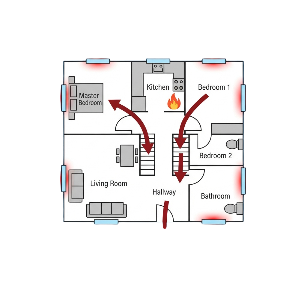Floor plan showing evacuation arrows from a kitchen fire through bedrooms and living room to a hallway exit