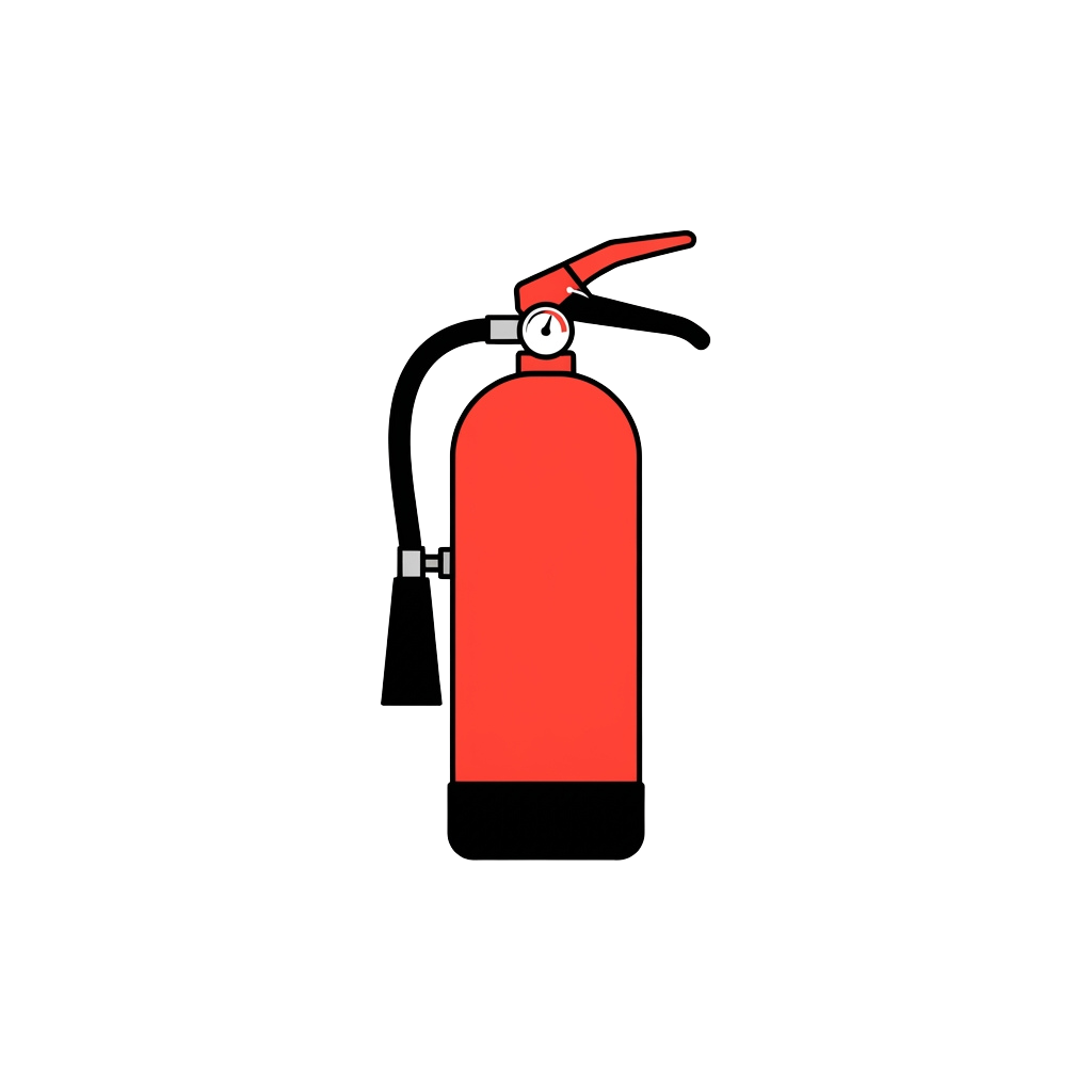 Illustration of a red fire extinguisher with a white hose and handle on a black background