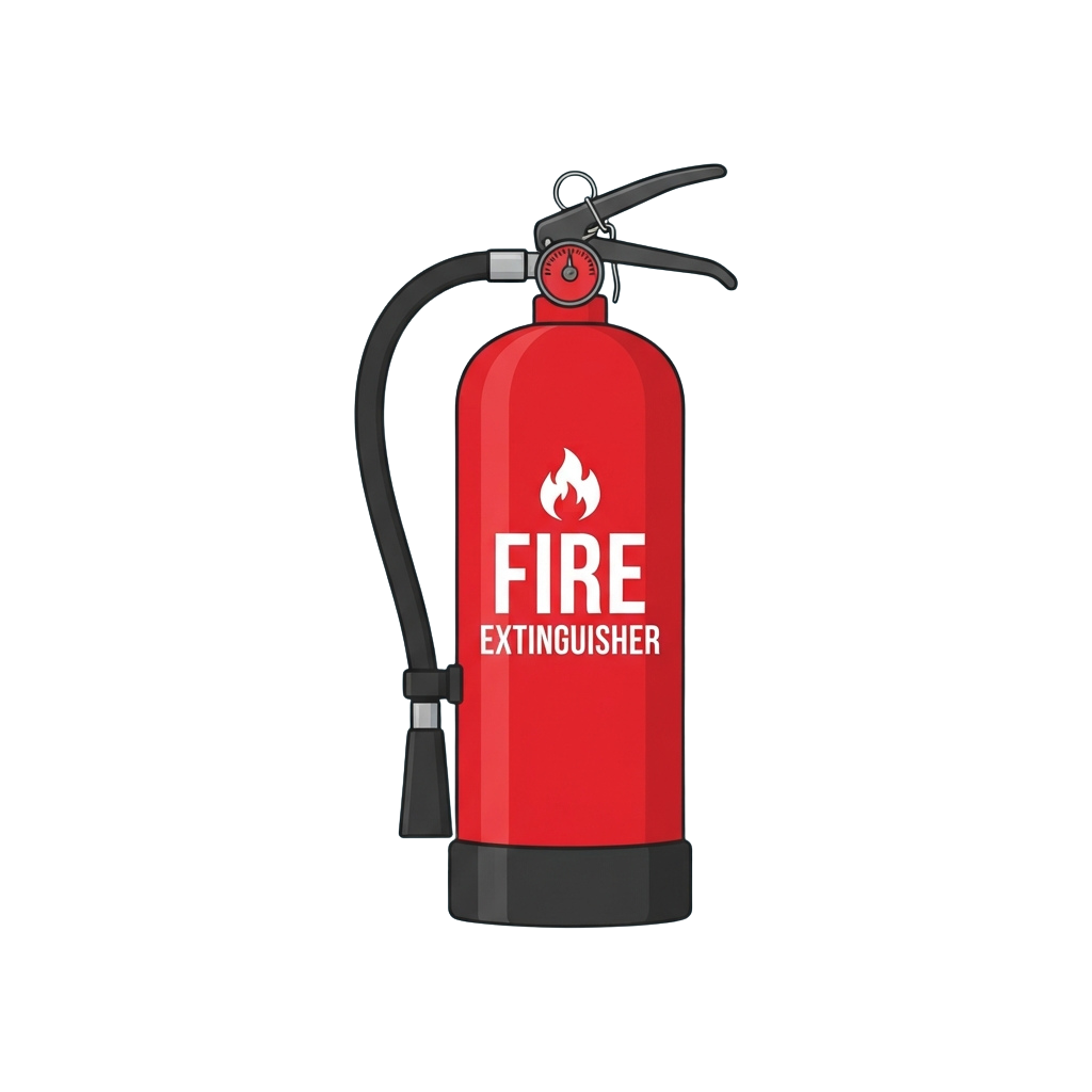 Illustration of a red fire extinguisher with white text reading Fire Extinguisher and a flame symbol