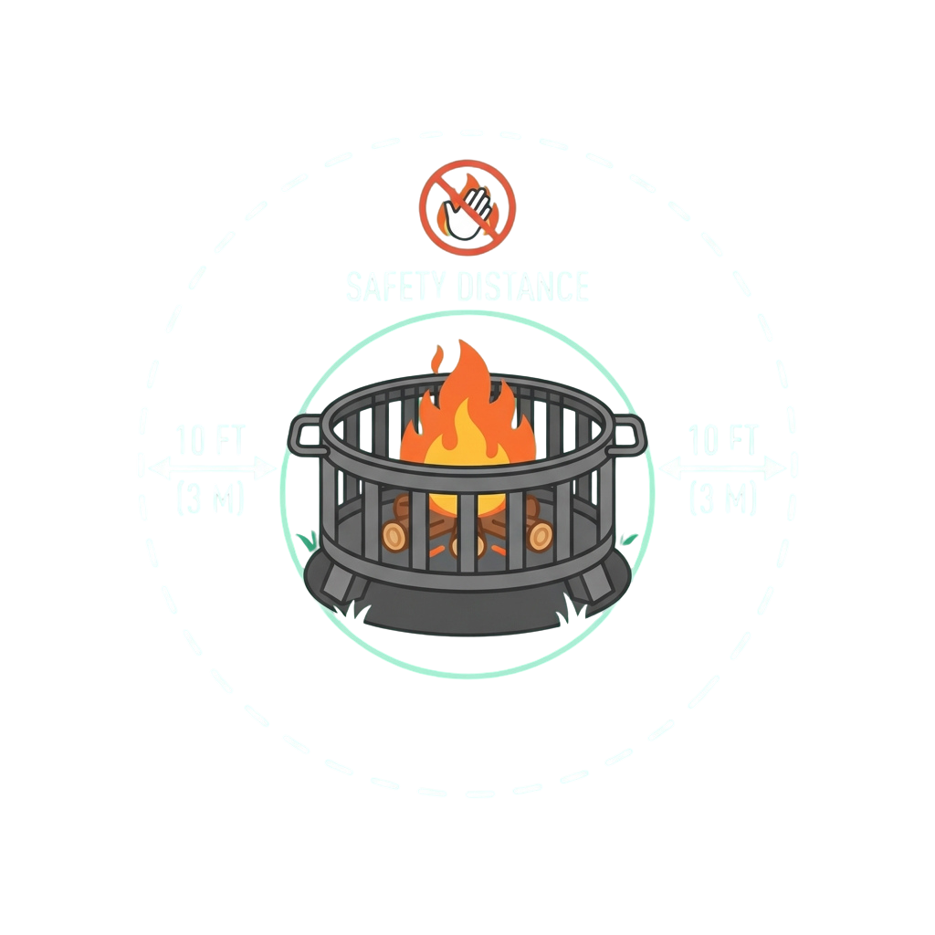 Illustration showing a fire pit with a 10-foot safety distance marked around it