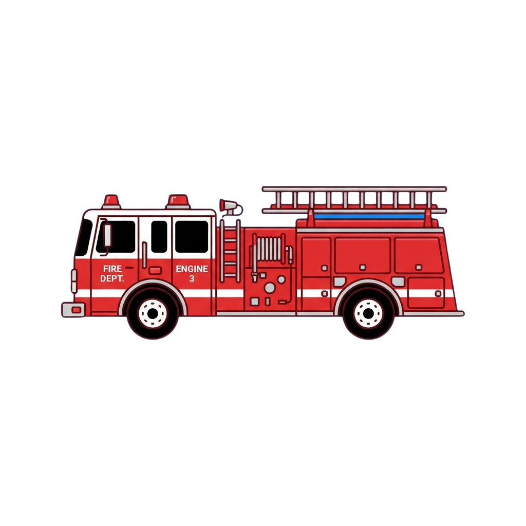 Illustration of a red fire engine truck with ladder and FIRE DEPT markings