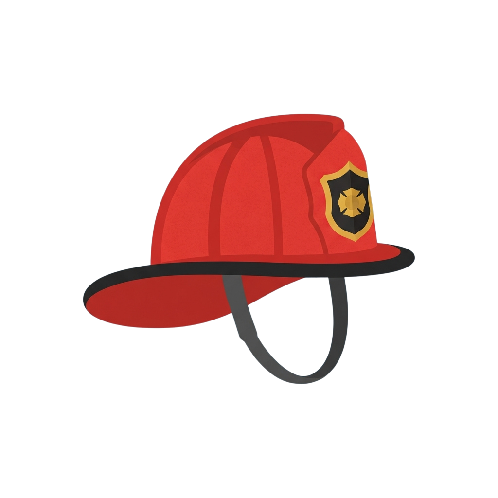 Red firefighter helmet with a black and gold emblem on the front