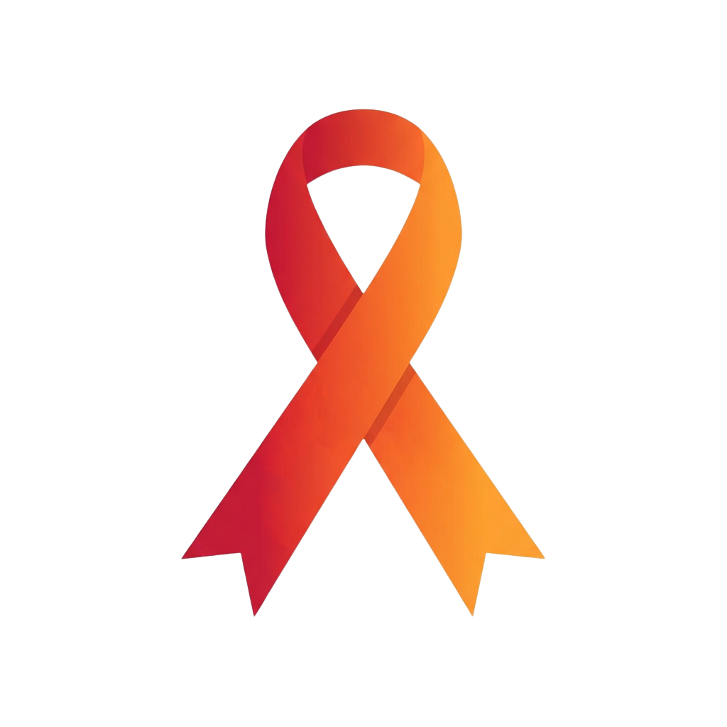 A stylized awareness ribbon in red and orange gradient colors on a black background