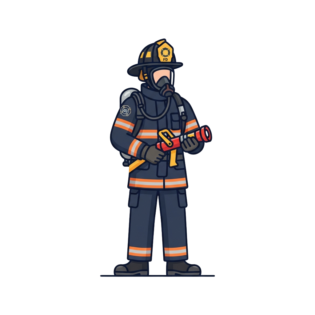 Illustration of a firefighter wearing protective gear and helmet, holding a flashlight.