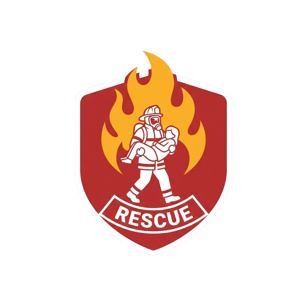 A firefighter in full gear carrying a child from flames inside a red shield emblem labeled RESCUE