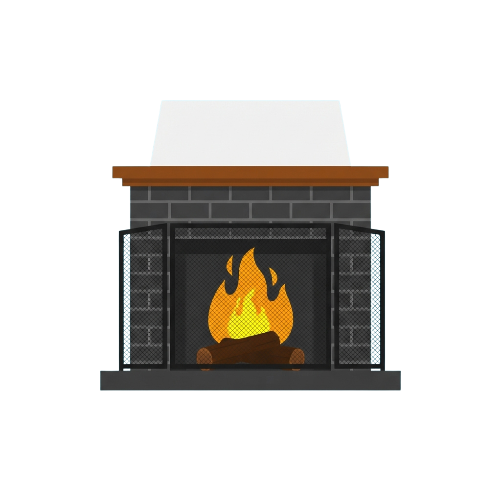 A stylized illustration of a fireplace with a glowing flame and wood burning on a hearth