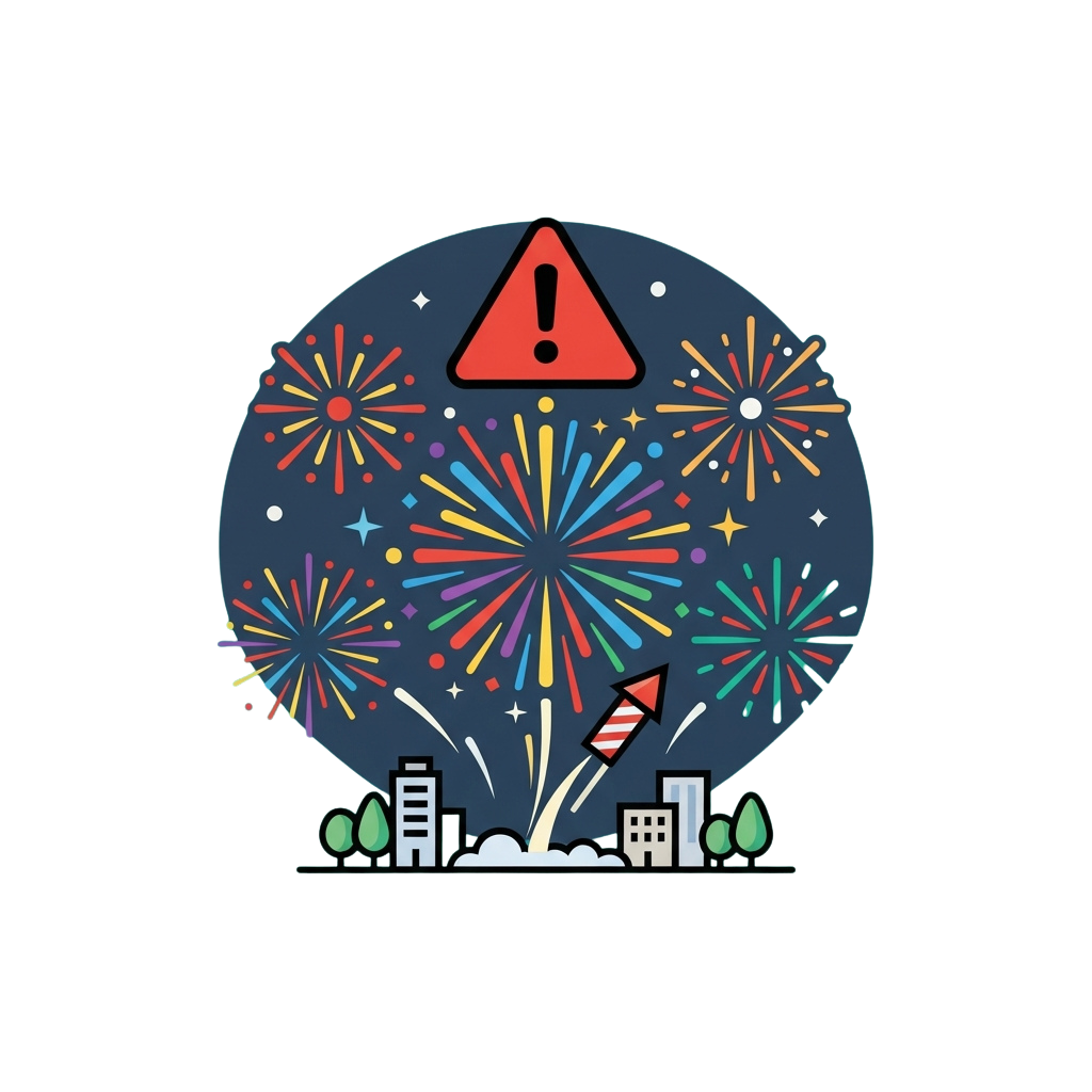 A circular graphic showing colorful fireworks with a red warning triangle and city skyline below.