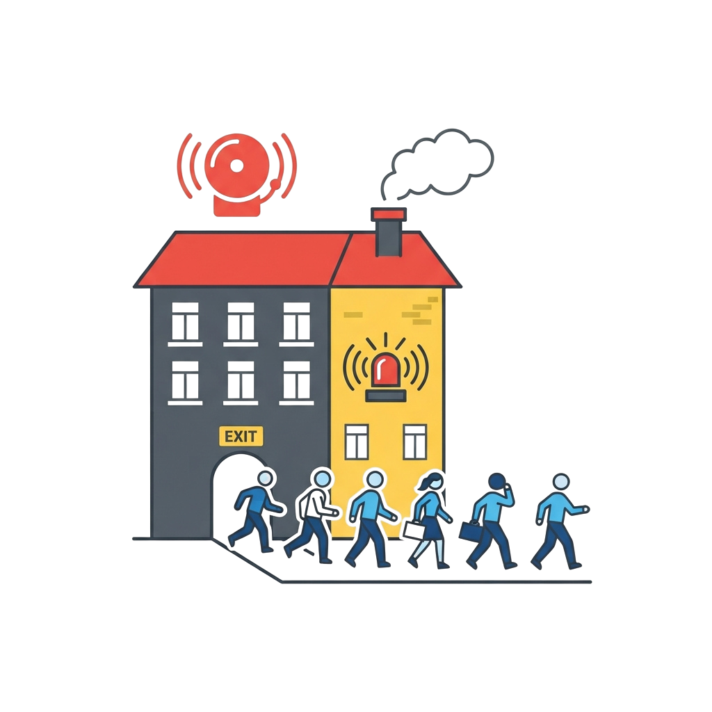 Illustration of people evacuating a building with alarms and smoke visible.